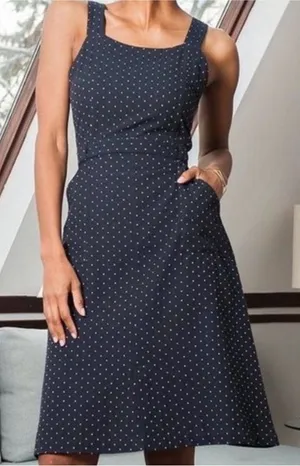 Mata Traders Navy Dot Pinafore Dress Small S Overall Apron Midi Cottagecore Mod thumbnail 1