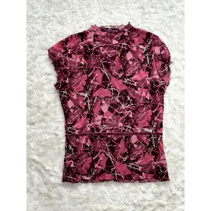 Vintage Cute Medium Y2K Mesh Sheer 90s Blouse Red Floral Lettuce Hem Whimsygoth thumbnail 6
