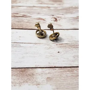 Vintage Clip On Earrings - Small Gold Tone Circle with Dark Grey Flowers thumbnail 6