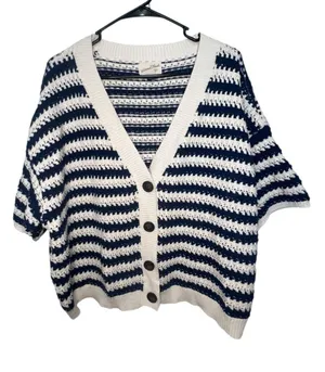 Universal Threads Navy And Cream Striped Button Up Short Sleeve Knit Cardigan thumbnail 1