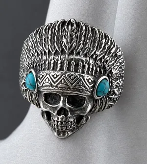 Native American Skull Men's Stainless Steel Ring Size 11 thumbnail 1