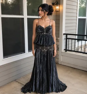 Elegant Black Beaded Peplum Evening Gown thumbnail 2