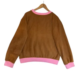 Anthropologie Maeve Cozy Ringer Fuzzy‎ Sweatshirt Honey Brown and Pink NWT thumbnail 3