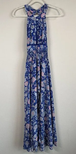 Abel the Label Blue Bell Cottage Floral Maxi Halter Backless Tie Back Dress Sz M thumbnail 1