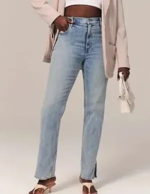 Abercrombie The 90's Straight Leg Ultra High Rise Slit Hem Jeans Blue 32 / 14 L thumbnail 1