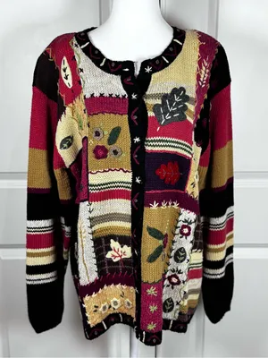 Stitches Patchwork Cardigan Embroidered Floral Boho Cottagecore Knit Sweater L thumbnail 1