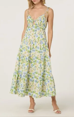 ASTR The Label Tie Strap Tiered‎ Maxi Dress Size Medium Cream Blue Floral thumbnail 1