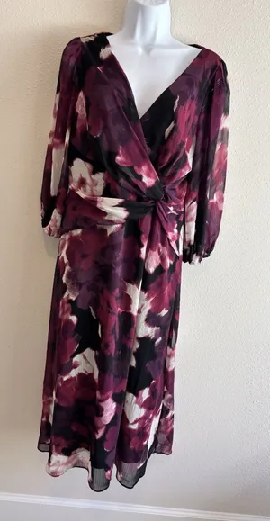 DKNY Size 8 Abstract Floral Balloon Sleeve Faux Wrap Dress - Magenta &‎ Plum thumbnail 1