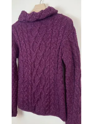 Aran Sweater Market 100% Merino Wool Cable Knit Cowl Neck Purple Sweater M thumbnail 6