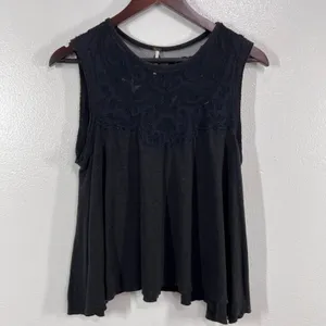 Free People‎ Meant To Be Swing Tank Top XS Charcoal Lace Mesh Yoke Sleeveless thumbnail 2