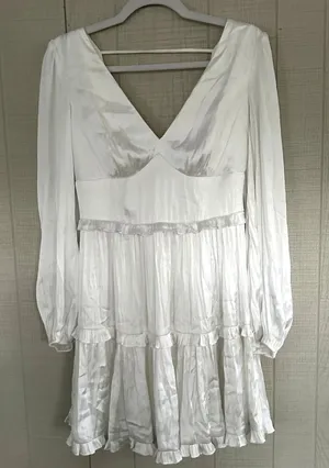 David's Bridal DB Studio Ruffle V Neck Long Balloon Sleeve Mini White Dress 6 thumbnail 1