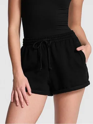 VICTORIA’S SECRET PINK Fleece Rolled Hem High-Rise Shorts Pure Black Comfy XL thumbnail 1