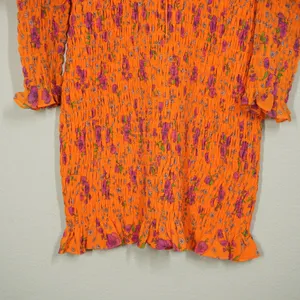 For Love & Lemons Orange Floral Smocked Mini Dress Long Puff Sleeve Sweetheart thumbnail 4