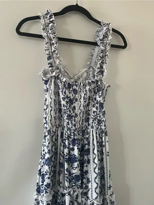 Blue White Floral Smocked Maxi Dress 1X Cottagecore Euro Summer Coastal Vacation thumbnail 8
