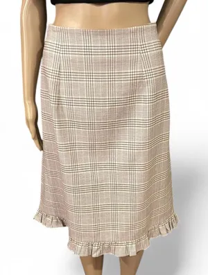 NWOT! Tailored Rebecca Taylor Tan Plaid Midi Skirt Size 12 Womens Ruffle Hem thumbnail 1