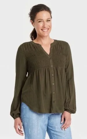 Knox Rose Women Olive Green Smocked Button Front Long Sleeve Blouse Medium thumbnail 1