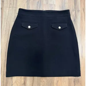 LOFT Black Pencil Skirt Size 4 Petite Gold Button Back Flap Detail thumbnail 2