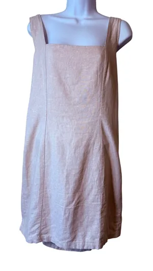Old Navy Linen L Tall Blend Smocked Back Square Neck Mini Dress Tan‎ Beach Vacay thumbnail 1