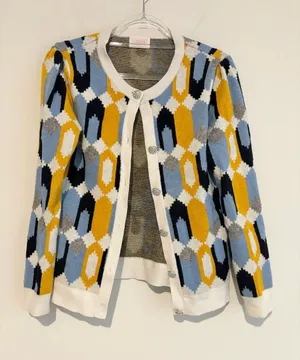 Savida Geometric button front Cardigan yellow blue white medium thumbnail 1