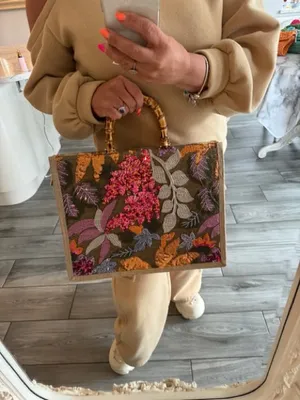 Embroidered Floral Tote Bag with Bamboo Handles - Beige thumbnail 4