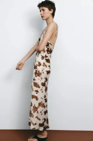 Zara cow patch satin effect boho western Brown and Cream maxi long dress thumbnail 14