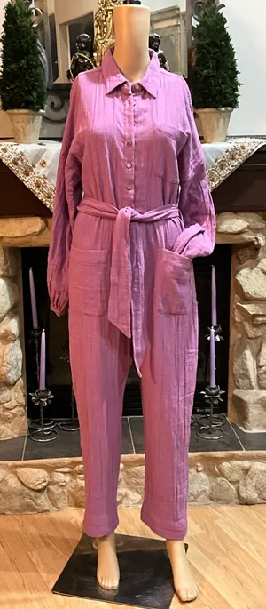 Free People Lavender-Pink Button-Front Linen Jumpsuit with Tie Belt thumbnail 1