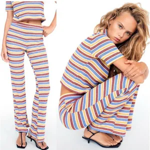 Zara Pants‎ Womens Sz S Knit Striped Colorful Pull On Yellow Red Blue Ribbed thumbnail 2