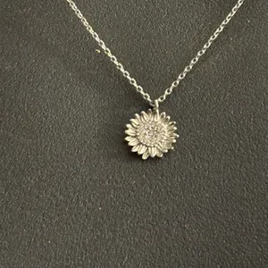 Dainty white gold dipped pave sunflower pendant necklace thumbnail 2