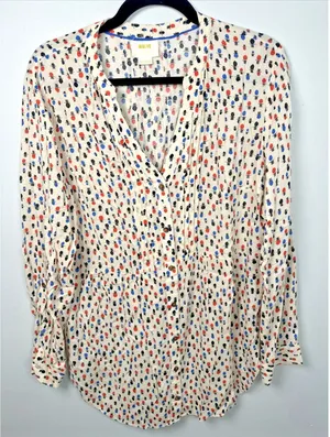 Maeve Anthropologie 12 Womens Top Lightweight Long Sleeve Button V-Neck Tab‎ thumbnail 1