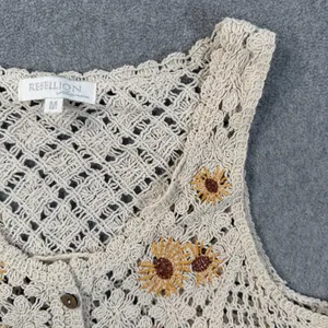 REBELLION again Women's Medium Crochet Vest Beige Sunflower Button Front Boho thumbnail 2