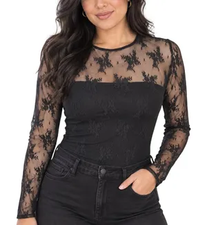 Abercrombie Black Lace Long Sleeve Bodysuit Small Sheer Mesh thumbnail 1