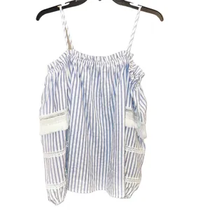 SugarLips Boho Cold Shoulder Tassel Lace Stripe‎ Top Blue White XS thumbnail 2