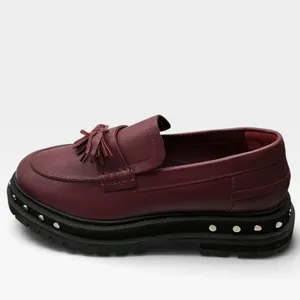 Free People Women Burgundy Leather Studded Tassel Platform Lug Sole Loafers 10 thumbnail 2