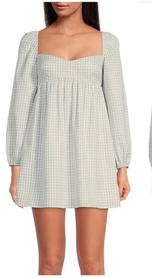 GIANNI BINI Green Gingham Mini‎ Peasant Dress Long Sleeves Low Cut Size 8 New thumbnail 1