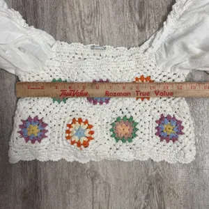 Aerie Crochet Granny Square Balloon Sleeve‎ Boho Crop Top White Size Small thumbnail 5