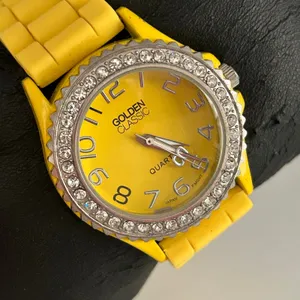 Golden Classic Crystal Bezel Yellow Dial Silicon Strap Women’s Watch Working thumbnail 3