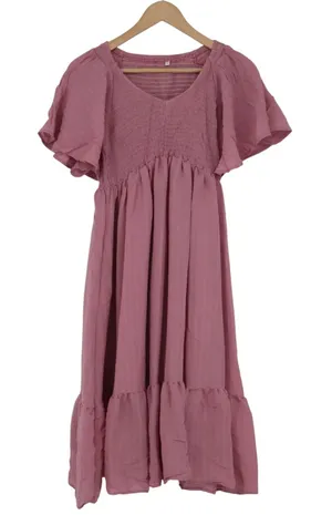 Unbranded Smocked Tiered Midi Dress Dusty Rose Pink Flutter Sleeve Size L thumbnail 1
