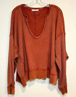 Free People We the Free Shirt Buttercup Thermal Waffle Knit Rust Orange Small thumbnail 1