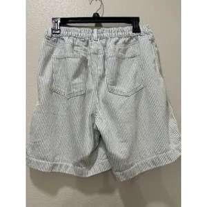 Aerie Shorts Womens Medium Blue White Stripe Pleated Long Elastic Waist thumbnail 2