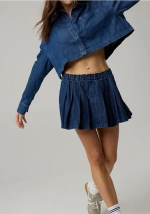 Offline by Aerie Oxford Mini Skort Denim Skirt w built in shorts Small Pleated thumbnail 1