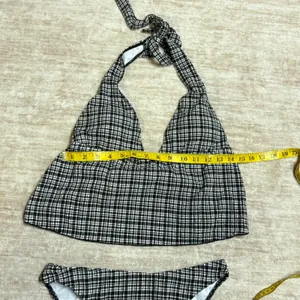 Samiol Women’s Medium Black White Plaid Tankini Bikini Swimsuit Plunge Halter thumbnail 4