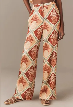 Farm Rio x Anthropologie Pineapple Satin Wide-Leg Pants - Medium thumbnail 1