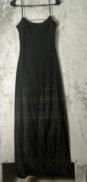 Vintage Y2K Black Shimmer Maxi Dress Spaghetti Strap Bodycon Evening Goth Glam thumbnail 1