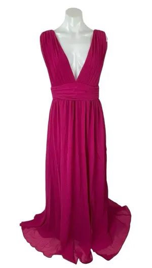 NEW Lulus Heavenly Hues Pink Pleated V Neck Bridesmaid Maxi Flare A-Line Dress M thumbnail 1