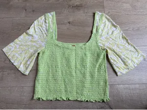 EUC Free‎ People Marigold Tee Top Womens in Key Lime Combo Smocked Crop size M thumbnail 1