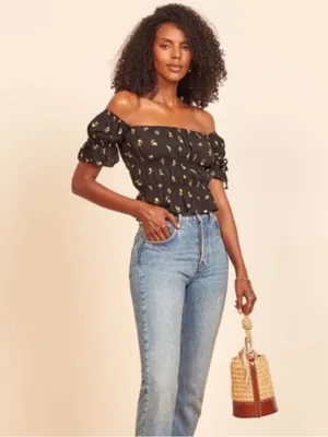 Reformation Solis Briar Black Floral Off the Shoulder Milkmaid Boho Top Small thumbnail 4