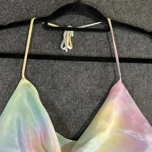 RESA Pastel Rainbow Tie Dye Cowl Neck Halter Top Shimmer Satin XS Made in LA Y2K thumbnail 2