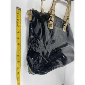 Michael Kors MK Logo Black Tote Bag Zip Gold Beige Straps Dust Bag thumbnail 14