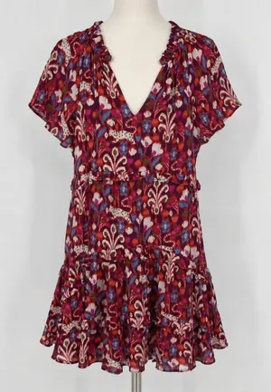 Anthropologie Robin Tiered Mini Dress Size XS Red Floral Ikat Ruffle Boho V Neck thumbnail 1
