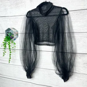 Sheer Black Sparkle Mesh Long Tulle Sleeve Crop Top Size Small thumbnail 2